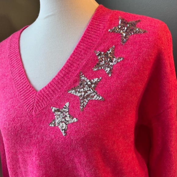 Ann Taylor Loft Pink Shimmer Star V Neck Sweater - Picture 1 of 6